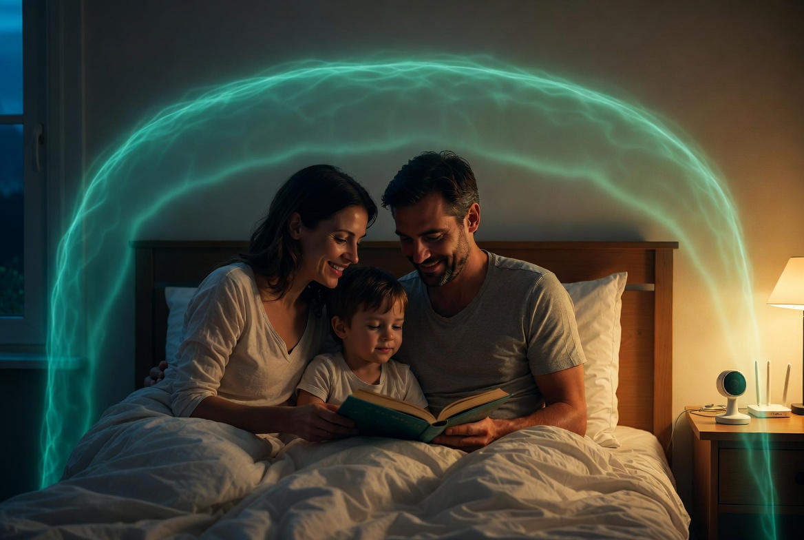 EMF Protection for Families: Simple Ways to Reduce Radiation in Your Home — cozy kids bedroom with protective shield, wired baby monitor, and airplane-mode phone for low-EMF sleep