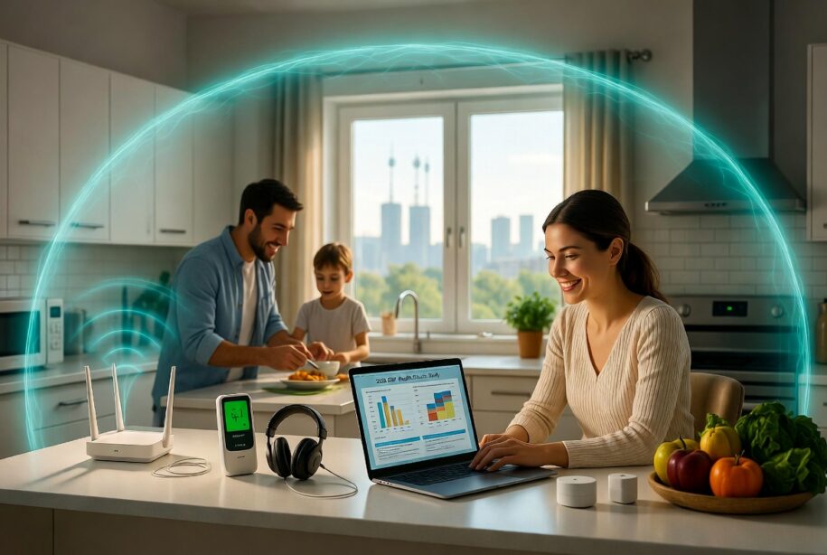 EMF Exposure Health Effects, Current Evidence and Practical Protection — modern kitchen breakfast scene with scientific study chart on laptop, family preparing meal, and protective green shield around low-EMF setup