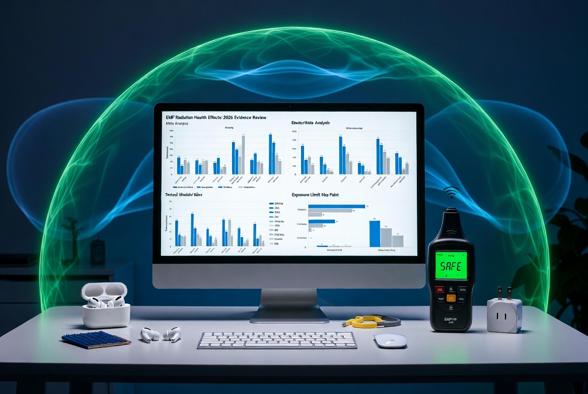 EMF Radiation Health Effects: 2026 Evidence Review and Practical Protection — scientific desk with 2026 EMF study graphs, EMF meter, shielding materials, and protective green shield