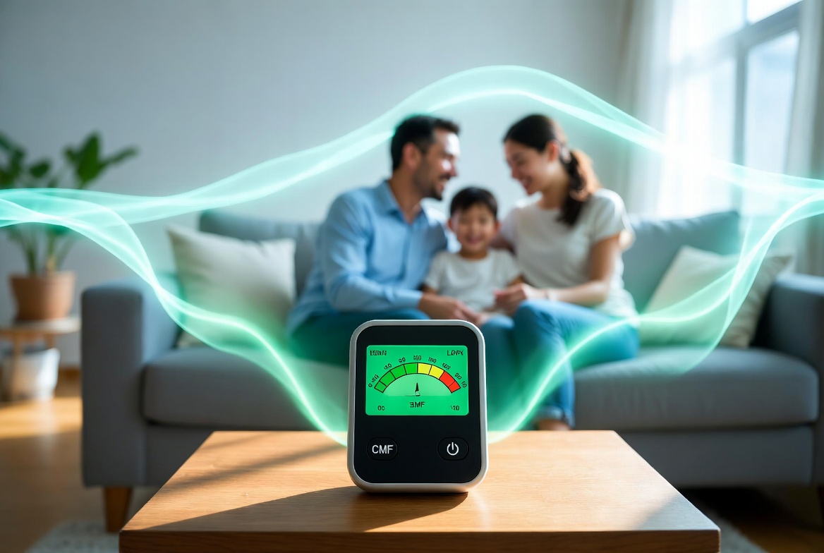 family in front of EMF meter